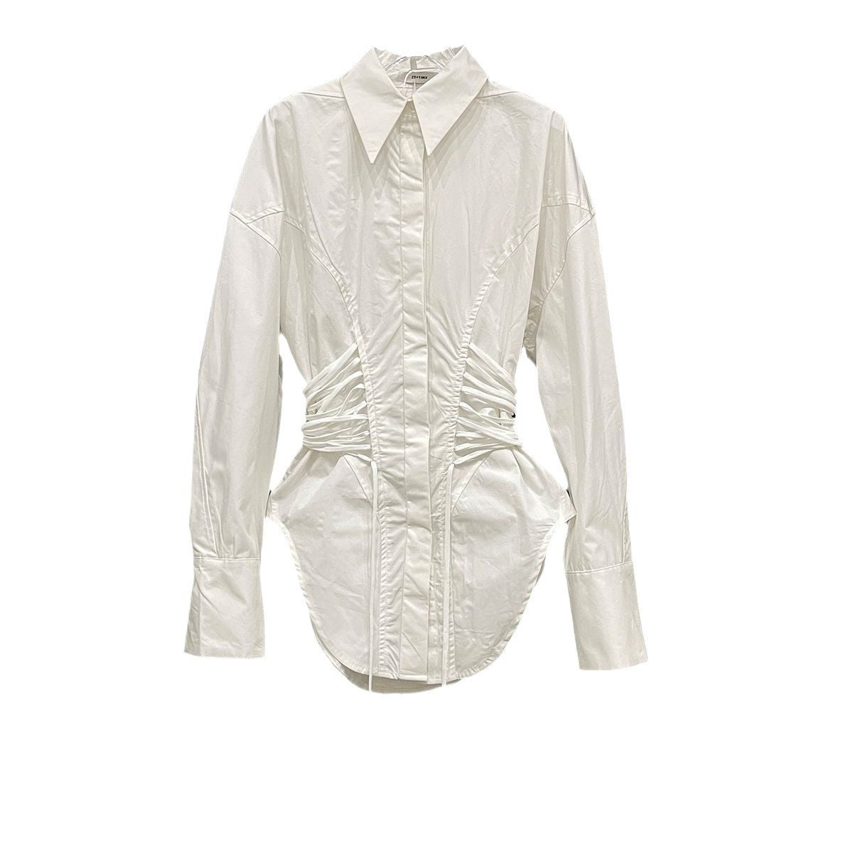 Fashionable design waist tied shirt for women in spring new woven lace up irregular long sleeved top