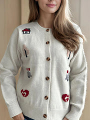 Round neck long sleeved knitted cardigan women's new three-dimensional decoration versatile loose sweater women