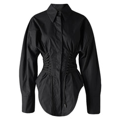 Fashionable design waist tied shirt for women in spring new woven lace up irregular long sleeved top