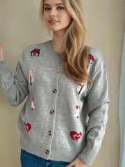 Round neck long sleeved knitted cardigan women's new three-dimensional decoration versatile loose sweater women