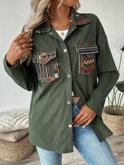 Ethnic style pocket lapel long sleeved shirt jacket for women