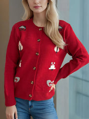 Round neck long sleeved knitted cardigan women's new three-dimensional decoration versatile loose sweater women