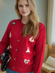 Round neck long sleeved knitted cardigan women's new three-dimensional decoration versatile loose sweater women