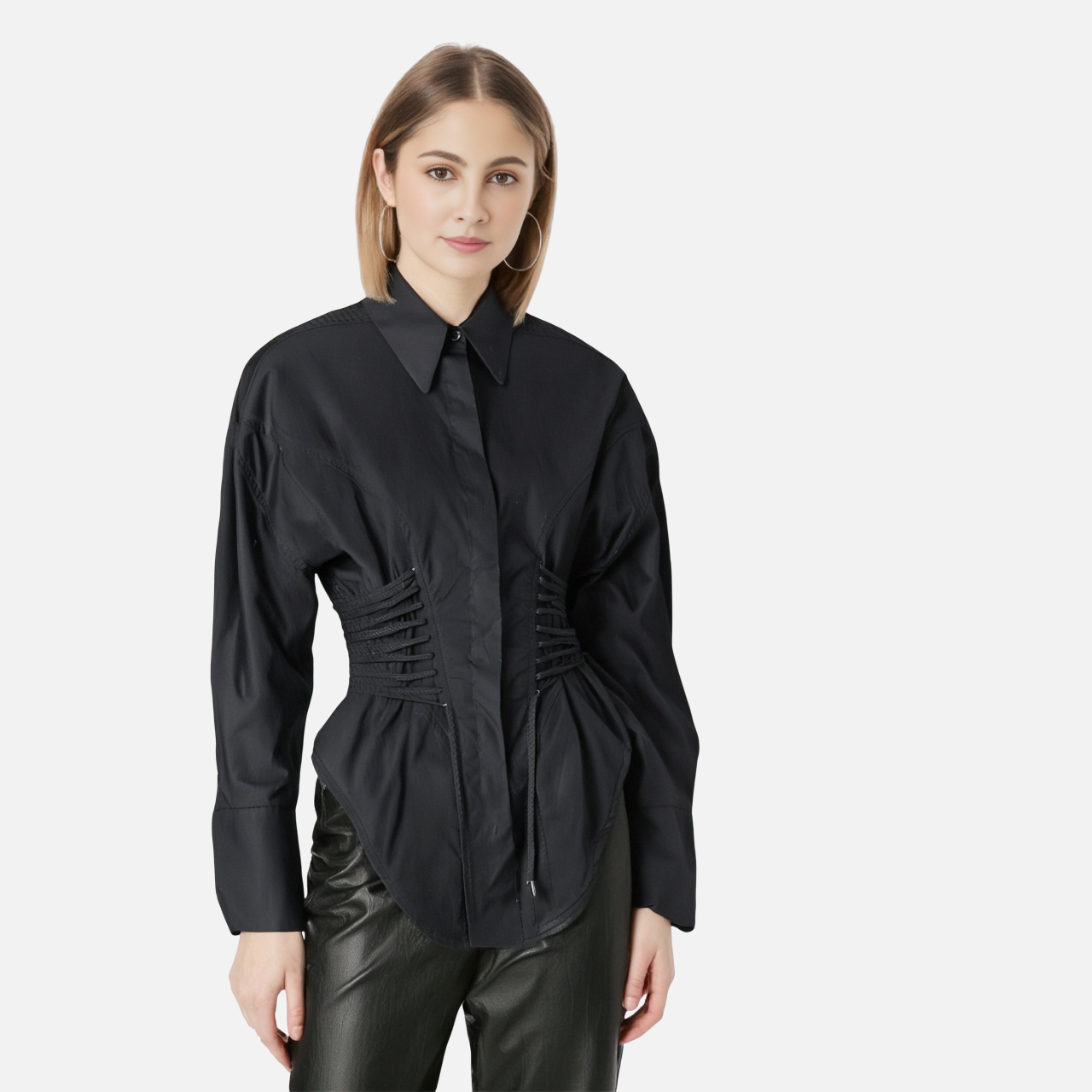 Fashionable design waist tied shirt for women in spring new woven lace up irregular long sleeved top