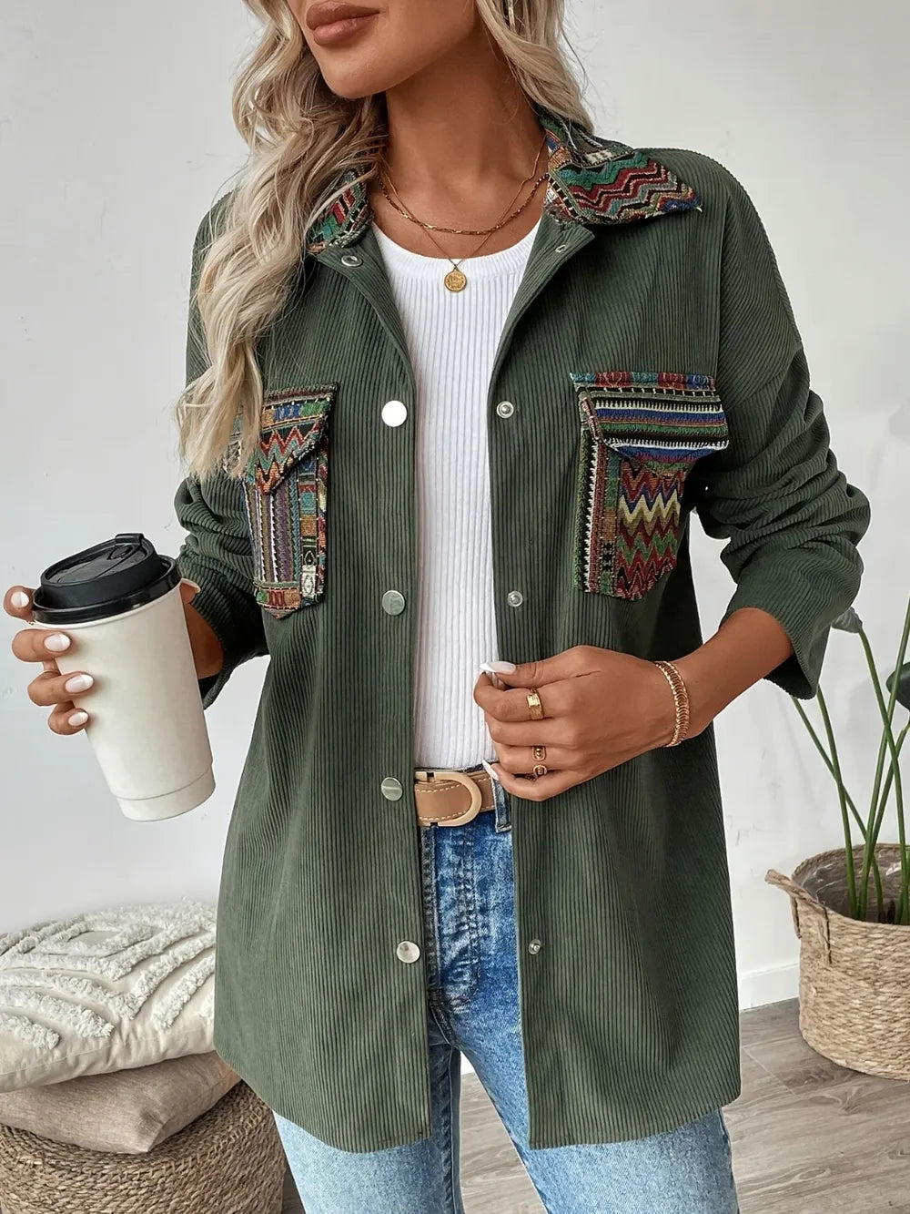 Ethnic style pocket lapel long sleeved shirt jacket for women