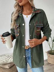 Ethnic style pocket lapel long sleeved shirt jacket for women