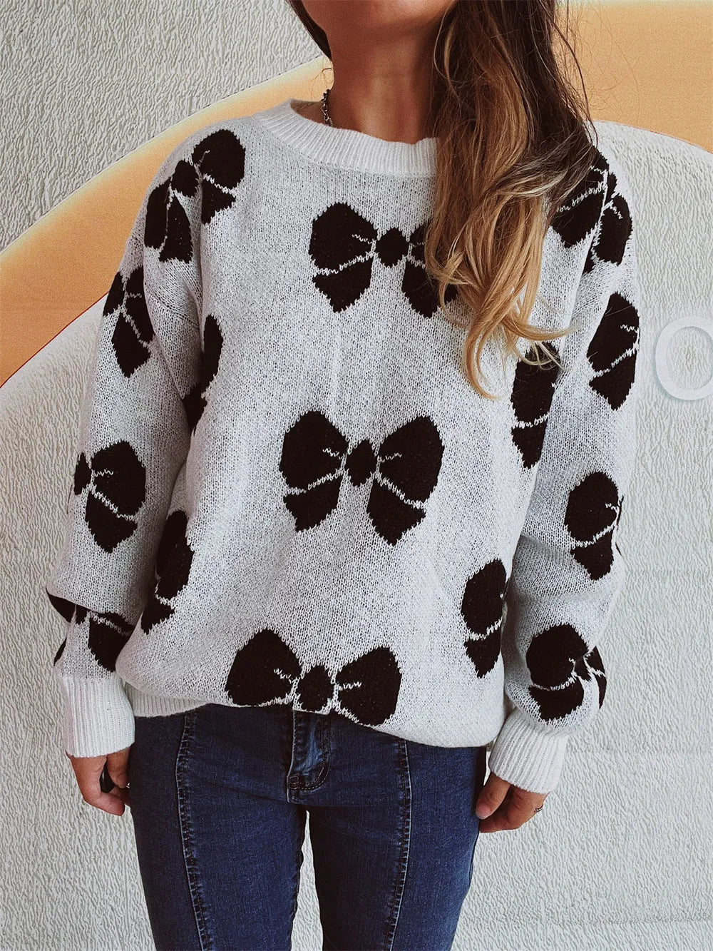 Loose bow sweater pullover knitted sweater for women