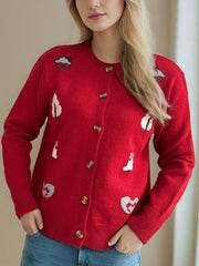 Round neck long sleeved knitted cardigan women's new three-dimensional decoration versatile loose sweater women