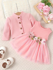 Baby girl waist flower design vest spliced mesh dress jacket for infants and young children