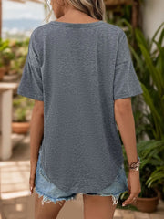 Open button V-neck solid color t-shirt for women