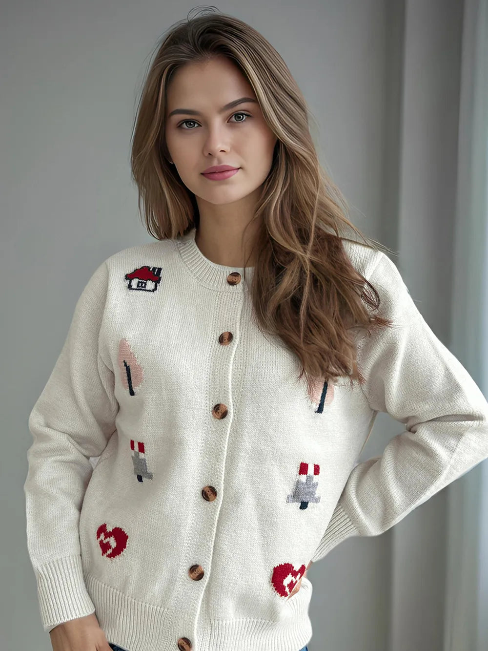 Round neck long sleeved knitted cardigan women's new three-dimensional decoration versatile loose sweater women