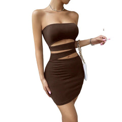 Ladies' sexy dress with strapless one neck and hip hugging short skirt