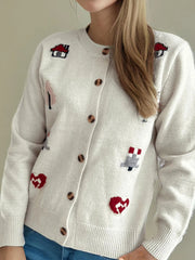 Round neck long sleeved knitted cardigan women's new three-dimensional decoration versatile loose sweater women