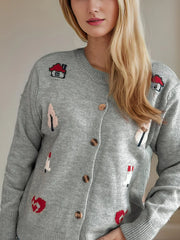 Round neck long sleeved knitted cardigan women's new three-dimensional decoration versatile loose sweater women