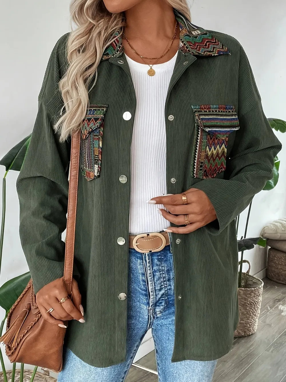 Ethnic style pocket lapel long sleeved shirt jacket for women