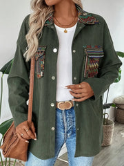 Ethnic style pocket lapel long sleeved shirt jacket for women