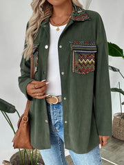 Ethnic style pocket lapel long sleeved shirt jacket for women