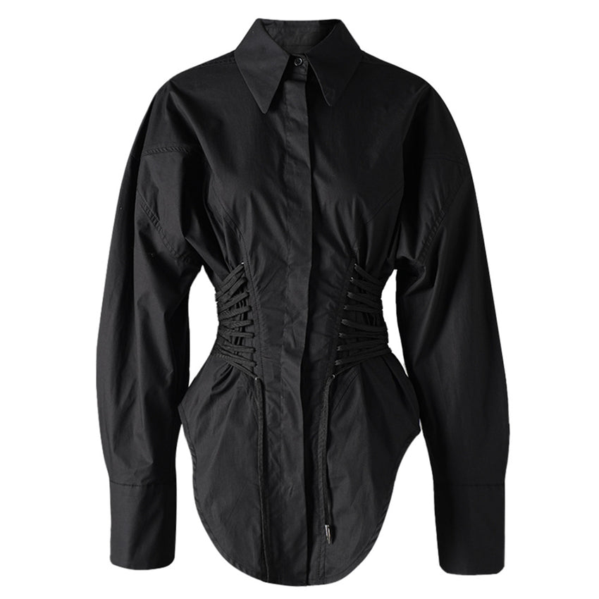 Fashionable design waist tied shirt for women in spring new woven lace up irregular long sleeved top