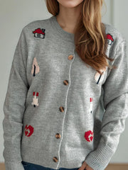 Round neck long sleeved knitted cardigan women's new three-dimensional decoration versatile loose sweater women